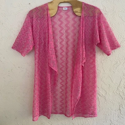 LuLaRoe Pink Crochet Zig Zag Open Front Kimono Cardigan Swim Coverup Size L - Image 1 of 4