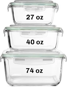 6 PC Square Glass Food Storage Containers with Airtight Lids (74, 40 & 27 Oz) Ki - Picture 1 of 12