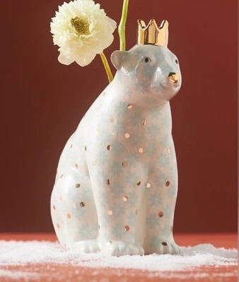 Anthropologie Winterland Ceramic Polar Bear Bud Vase Gold Accents Whimsical NEW - Image 1 of 4