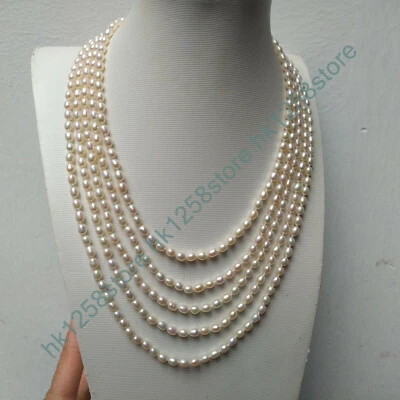 Precious 100" Natural White AAA+ 5-6mm AKOYA Pearl Necklace 14k Gold P - Image 1 of 4