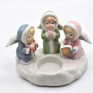 Angel Trio Porcelain Candle Votive Tealight Holder Glitter Snow Vintage 1990"s - Picture 1 of 10