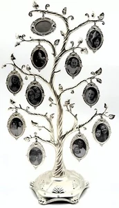 Silver-toned Family Tree Photo Holder W/ 12 Hanging Oval Frames 15" Sturdy Base - Picture 1 of 5