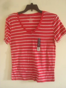 Ladies Red Stripe V Neck Tee Size XL 100% Organic Cotton NEW - Picture 1 of 4
