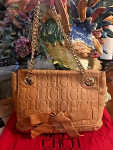 Carolina Herrera Camel Monogram Leather Audrey Shoulder Satchel Handbag - Picture 1 of 11