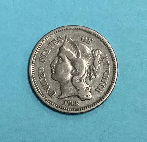 1868 Three Cent Nickel ~ Old United States Coin ~ Free Shipping Cover