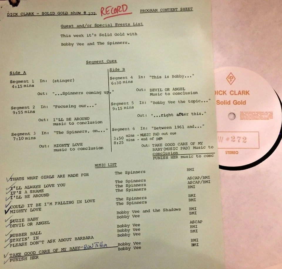 #272 DICK CLARK SOLID GOLD SHOW HOSTS BOBBY VEE (7)  & THE SPINNERS (6) - Image 1 of 1