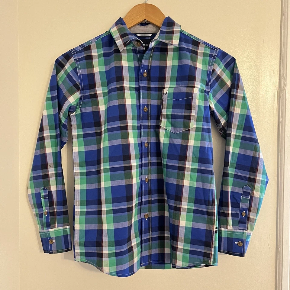 Camisa de vestir a cuadros Nautica niños mediana 10/12 abotonada informal azul verde Foto 1 de 4
