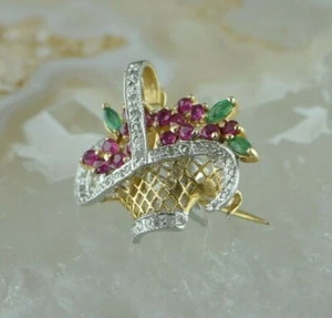 Vintage 14K WG Diamond Ruby and Emerald Basket Pin Pearl Enhancer Circa 1960 - Picture 1 of 6