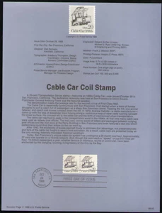 US. SP776. 2263. 20c. Cable Car 1880s, Transportation Coil. Souvenir Pages 1988 - Picture 1 of 1