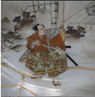 Plato KINTSUGI Samurai Antiguo Japonés Era Meiji Yokohama Ware Firmado MOMOTA Foto 1 de 4