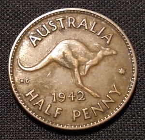 1942 Australien Half Penny ss vz Melbourne Münze Stichtag Känguru Welttyp Münze - Bild 1 von 2