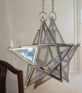 Vintage Moravian Star Hanging Tea Light Holder Lantern Glass Metal 1990s - Picture 1 of 10