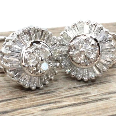 14K White REAL NATURAL Diamond Cluster Earrings 1.25CT Baguette Round Omega Back - Image 1 of 4