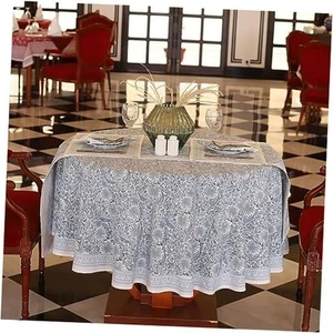 Blue Block Print Round Table Cloth|Indian Round 60 Inch/4 Seater Pastel Blue - Picture 1 of 3