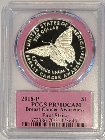 RARE 2018-P BREAST CANCER AWARENESS SILVER DOLLAR PCGS PR70DCAM FIRST STRIKE $1 Cover