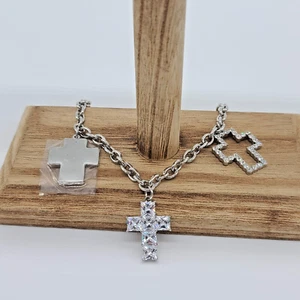 Shiny Silver Cable Link Bracelet w Dangling Silver & Clear Crystal Cross Charms - Picture 1 of 6