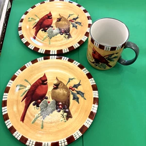2 LENOX Christmas plates + 1 Mug WINTER GREETINGS CARDINAL by Catherine McClung - Picture 1 of 12