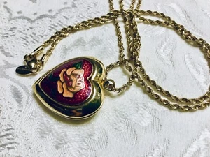 Vtg Gold Tone Cloisonne Enamel Puffy Heart Locket Pendant Necklace - Picture 1 of 6