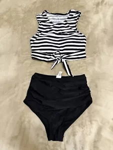 COCOSHIP Womens Retro High Waist Ruched Bikini Set Tie Front Knot Tank Top Sz 4 - Picture 1 of 8