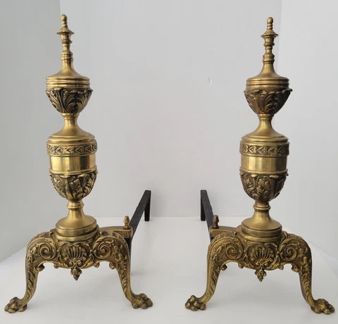 VTG Baroque Andrions Brass Ornate Regency French Chalice Fire Dogs English Cover