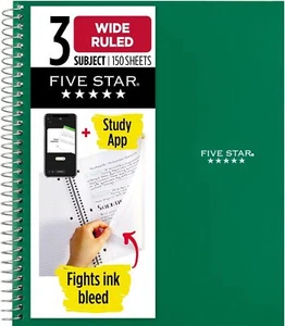 Five Star Spiral Notebook + Study App, 3 Subject, Wide Ruled Paper, 150 Sheets, - Picture 1 of 6