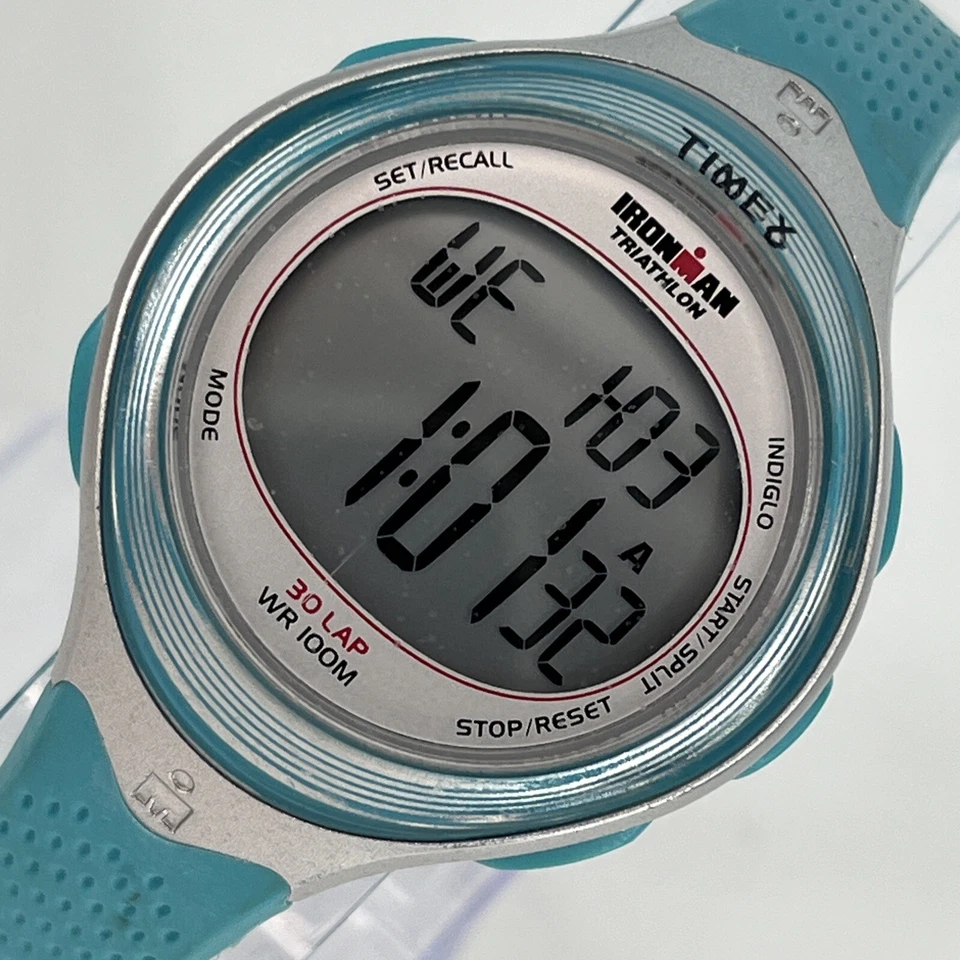 Reloj Timex Triatlón Ironman Reloj 30 Vueltas Azul Teal Gris Banda de Resina BATERÍA NUEVA Foto 1 de 4