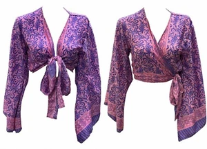 Recycled Crop Top Bell Sleeves Front Knot Wrap Blouse Free Size Up to 16 P112 - Picture 1 of 3