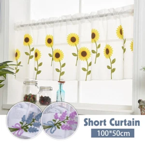 Cafe Blind Curtain Valance Kitchen Net Short Curtain Daisy Embroidery Sheer - Picture 1 of 18