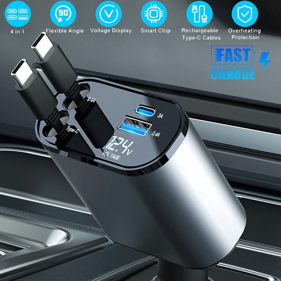 4 in 1 Retractable Car Charger, Car Accessories, Type C & Litning, Fast Charge - Image 1 of 4
