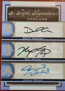 Max STASSI Jemile WEEKS Brett HUNTER 2012 SP Signature TRIPLE AUTO Oakland A's - Picture 1 of 2