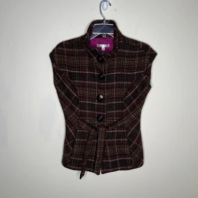 Chaleco Cabi Sin Mangas Marrón a Cuadros Tweed Mezcla de Lana Forrado con Botones Cinturón Pequeño Foto 1 de 4