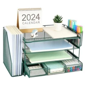 4-Tier Desk Organizer with Drawers, File Holders, Letter Trays and Pen Green - Picture 1 of 8