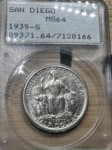 1935-S 50C PCGS MS64 Rattler San Diego Commemorative Silver Half Dollar OGH - Picture 1 of 5