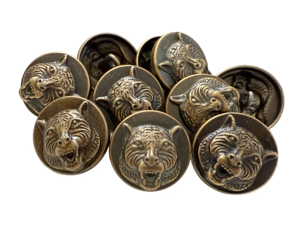 10PC Antiqued Bronze Tiger Metal Buttons with Shank 20mm - Image 1 of 3