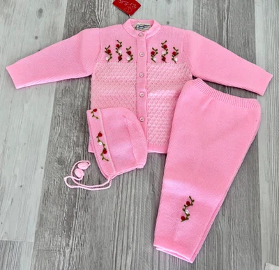 Conjunto suéter vintage bebé niña, pantalón de punto, gorra, rosa Foto 1 de 4