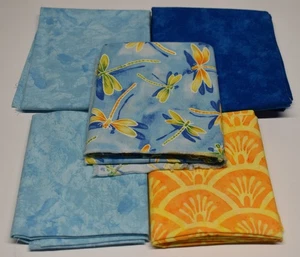 6 piece cotton fabric lot DRAGON FLY blue orange aqua FAT QUARTER - Picture 1 of 6