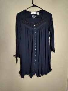 Eileen West Nacht Schlafhemd Größe Small schwarz Knopfleiste Spitze Langarm  - Bild 1 von 9