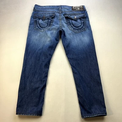 True Religion Jeans Mens 38 Blue Denim Ricky Super T Straight Stone Wash Flaps - Image 1 of 4