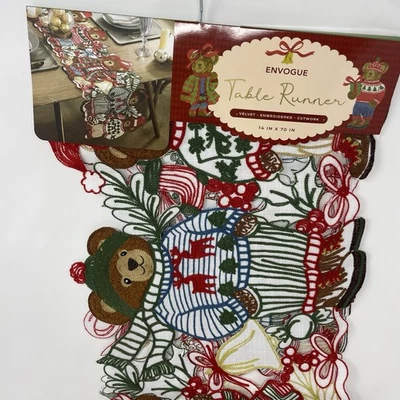 Envogue Teddy Bear Holiday Christmas Table Runner 14x70" Cutwork, Embroidered - Image 1 of 4