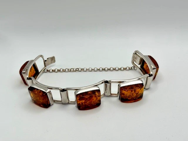 Brazalete tenis vintage grande de plata de ley 925 ámbar báltico para dama Foto 1 de 4