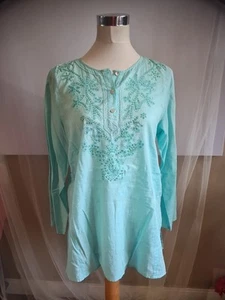 Marks And Spencer Ladies Size 12 Aqua Smock Top With Sequins Cotton - Picture 1 of 12