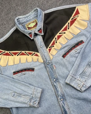 Vintage Shooter Shirt Men's XL Denim Pearl Snap Western Faux Leather Cowboy - Image 1 of 4