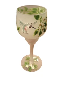 Vintage Kelch gestielt handbemalt satiniert detailliert Kolibris Blumen Weinglas - Bild 1 von 11