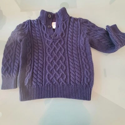 GAP KID's Cable Knit Sweater  NAVY  3 Button to Pile Lined Collar  Boy's Size  S - Image 1 of 4