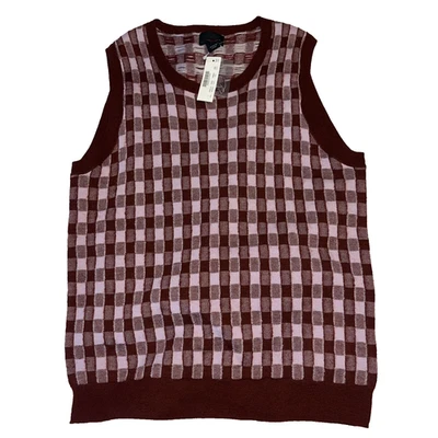 Nuevo Chaleco Suéter Grande Nuevo con Etiquetas J Crew Para Mujer Vino Cuadros Cachemira Foto 1 de 4