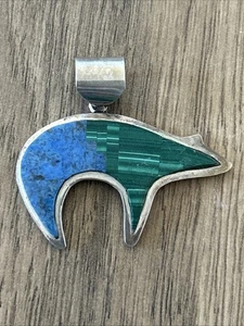 Vtg Wayne Muskett Navajo Sterling Silver Multi stone Inlay Bear Pendant Signed - Picture 1 of 4