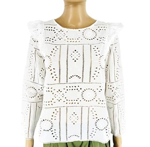 Camicetta The Kooples donna bianca ricamo inglese girocollo LS taglia 2/M - Foto 1 di 10