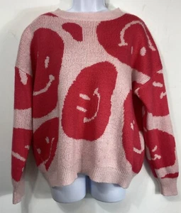 Altar’d State Pink Happy Face Relaxed Fit Oversized Sweater Size Small - Picture 1 of 7