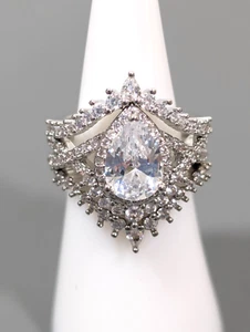 Sterling Silver Teardrop Pear Cubic Zirconia 3 Piece Bridal Wedding Ring Size 6 - Picture 1 of 10