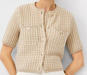 NEW ANN TAYLOR CAMEL COMBO SHIMMER TWEEDY SHORT SLEEVE SWEATER CARDIGAN JACKET L - Picture 1 of 7